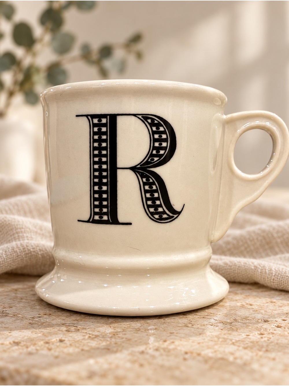 Anthropologie Monogram R Pedestal Mug Cream & Black